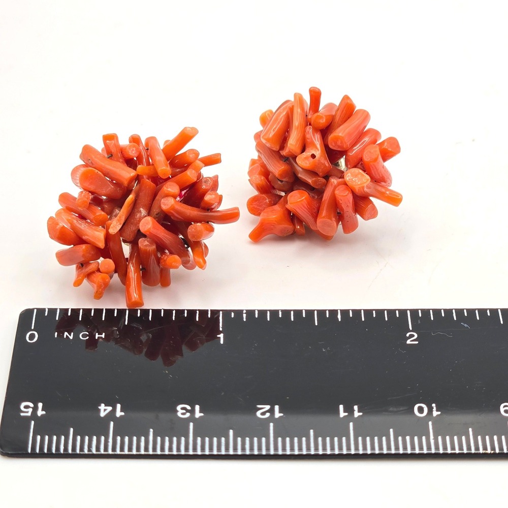 Vintage 50s Natural Red Coral Branch Cluster Sterling Silver Screw Back Earrings - Picture 7 of 7